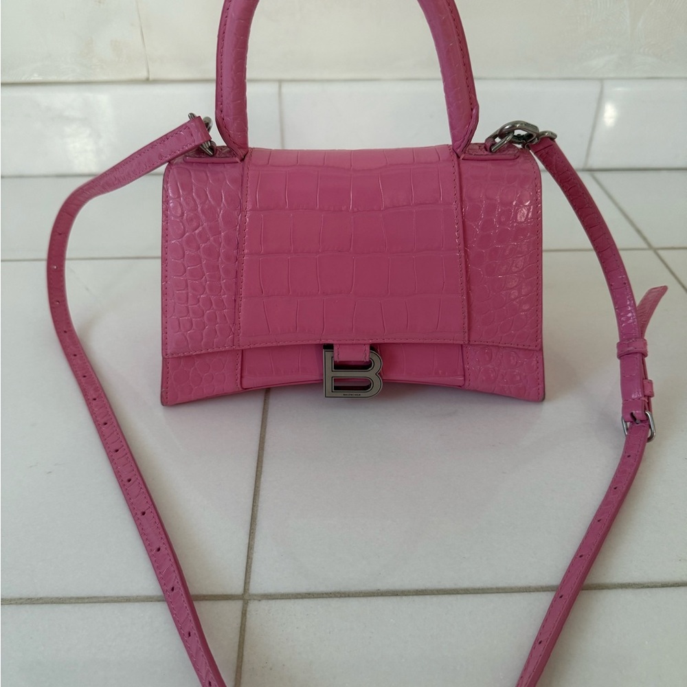 Balenciaga Small Hourglass Pink Croc-Embossed Top Handle Bag
